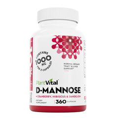 Plantvital D Mannose capsules with cranberry bottle; supports urinary tract health.