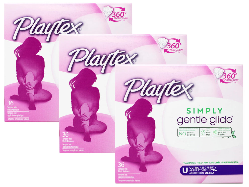 Playtex Gentle Glide tampon with a comfort shape plastic applicator for easy placement.