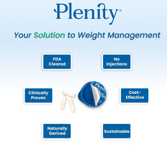 Plenity bottle label closeup highlighting FDA-cleared status for weight management