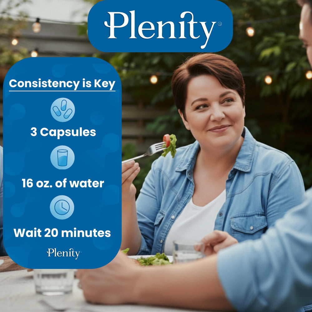 Plenity capsules side view in container emphasizing simple, non-stimulant use