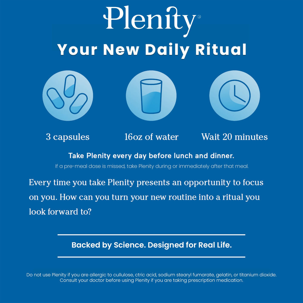 Plenity health graphic inset illustrating a non-stimulant, fiber-based design