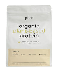 Front view of Plenti Vanilla protein bottle, showcasing a clean plant-based protein option.
