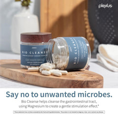 Plexus Bio Cleanse label close-up shows product details.