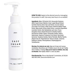 Close-up of Plexus Ease Cream label highlights lightweight, fast-absorbing hydration.