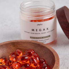 Plexus MegaX ahiflower oil bottle highlighting omega-3 SDA from flower seeds.