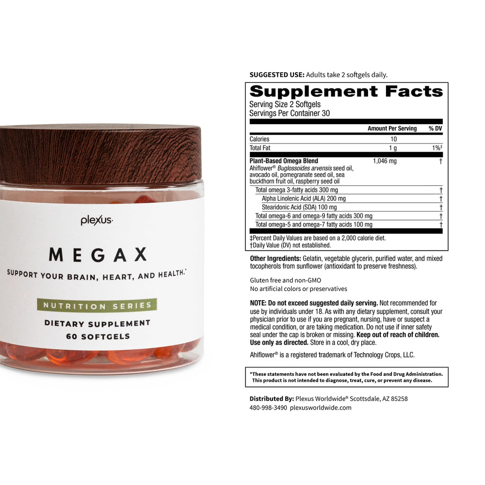 Plexus MegaX gluten-free non-GMO label signaling clean ingredient sourcing.