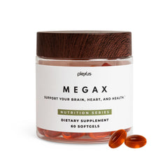 Plexus MegaX softgel bottle close-up for convenient daily heart support.