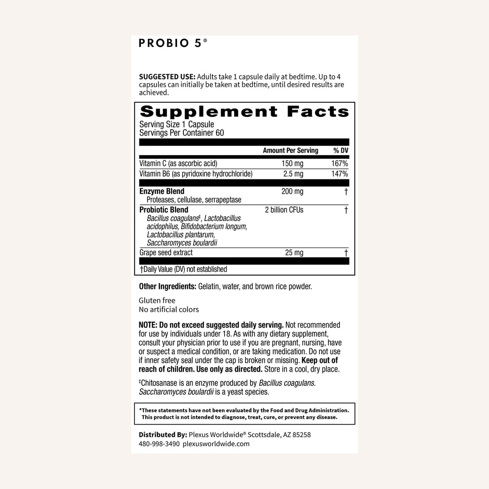 Plexus ProBio 5 strains graphic showing five probiotic strains