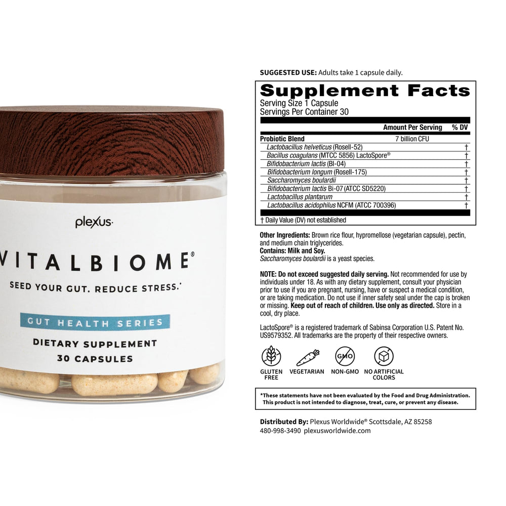 Plexus VitalBiome logo with capsules reinforcing probiotic lifestyle benefits