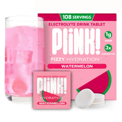 Plink fizzy electrolyte tablets dissolve in watermelon water for refreshing hydration.