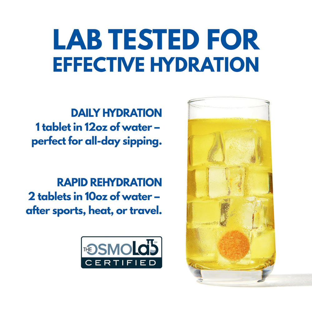 Plink tablet about to fizz in a clear glass of water.