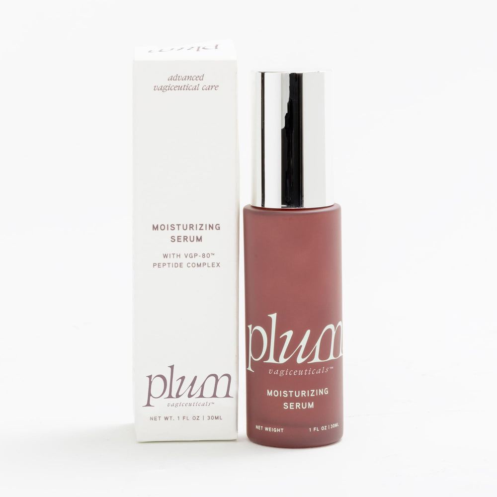 PLUM Vagiceuticals Vaginal Moisturizing Serum bottle shows targeted moisture relief for dry vaginal areas