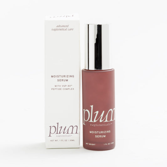PLUM Vagiceuticals Vaginal Moisturizing Serum bottle shows targeted moisture relief for dry vaginal areas