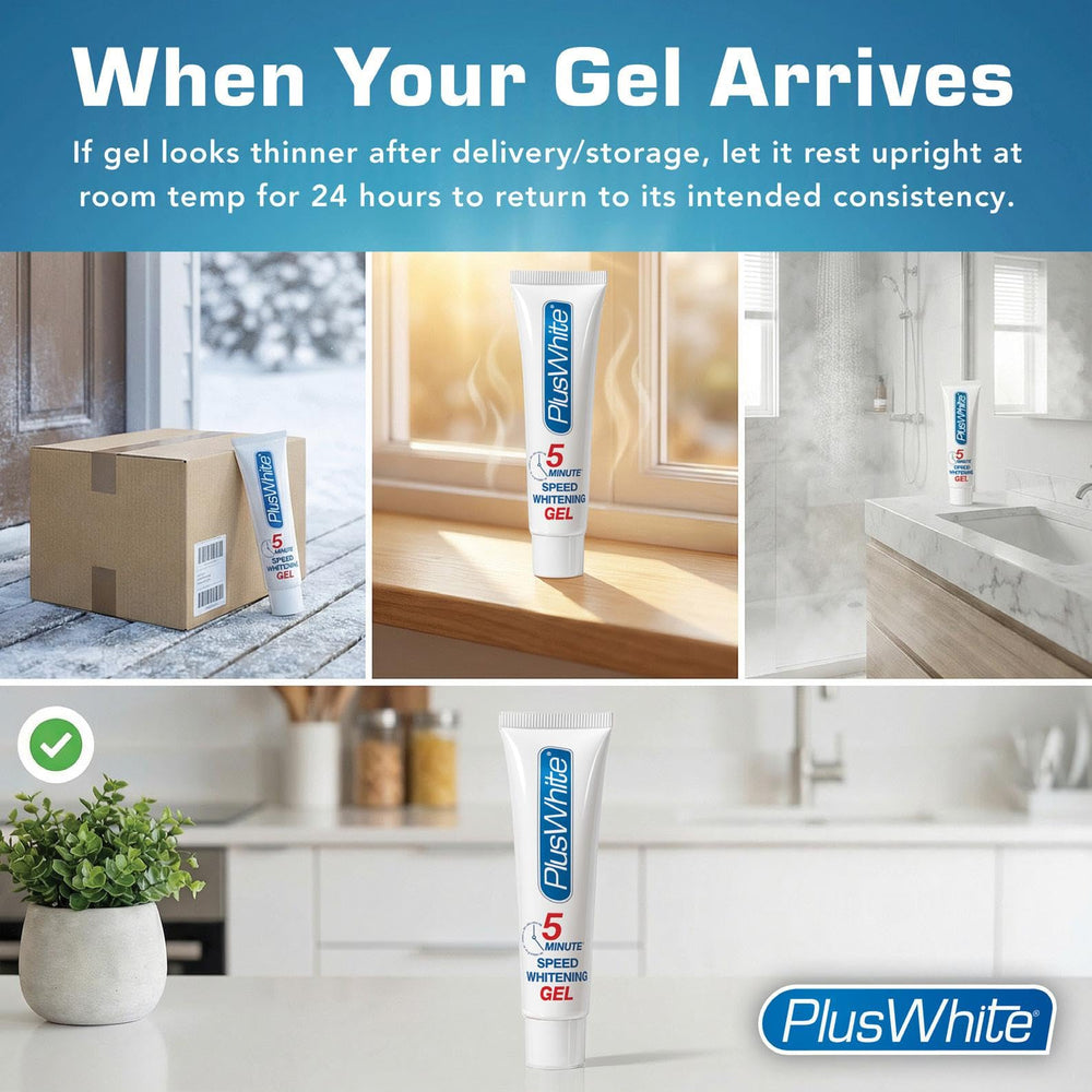 Plus White Speed Whitening Gel on toothbrush demonstrates easy, mess-free use.