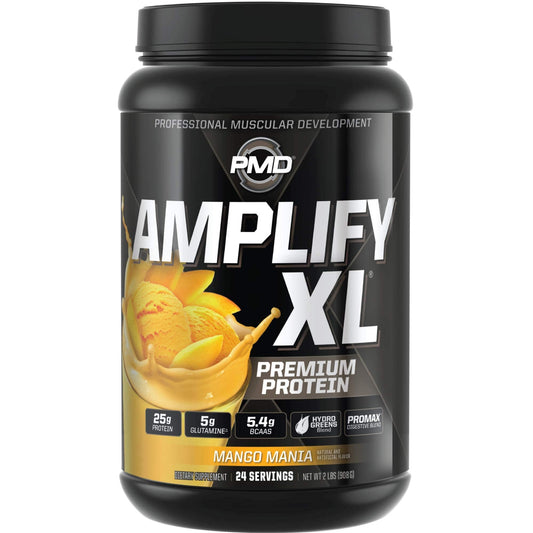 PMD Amplify XL bottle with mango protein blend for post-workout recovery.