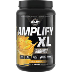 PMD Amplify XL premium whey protein tub with Mango Mania for muscle recovery.