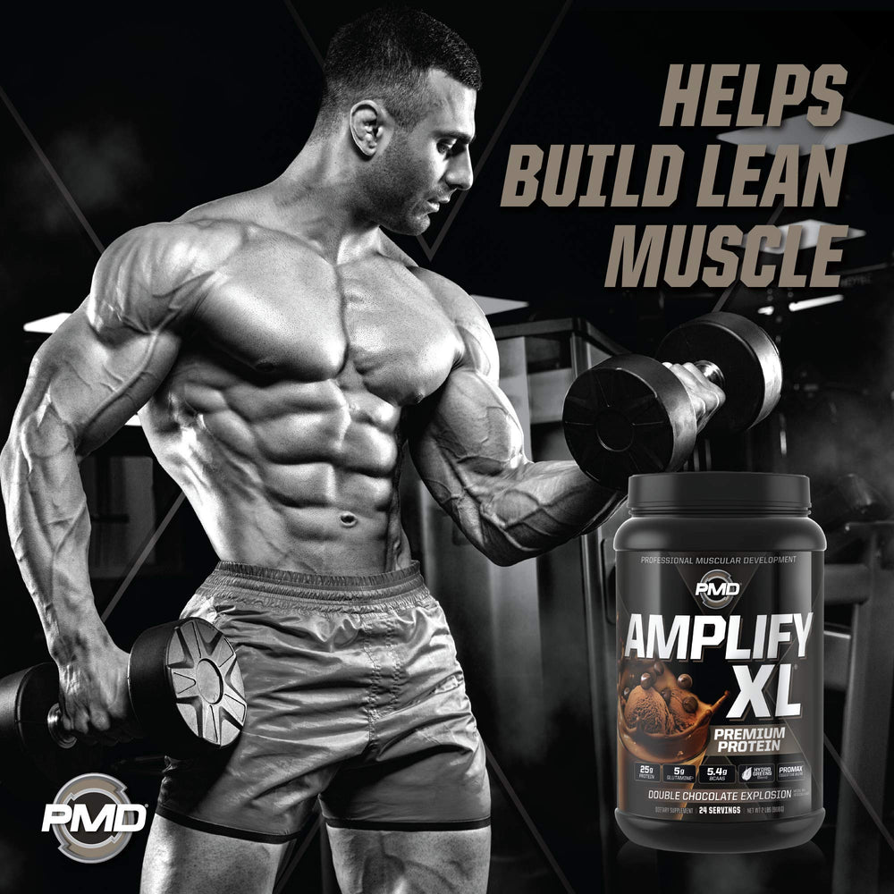 PMD Amplify XL whey concentrate scoop, fast absorption for recovery.