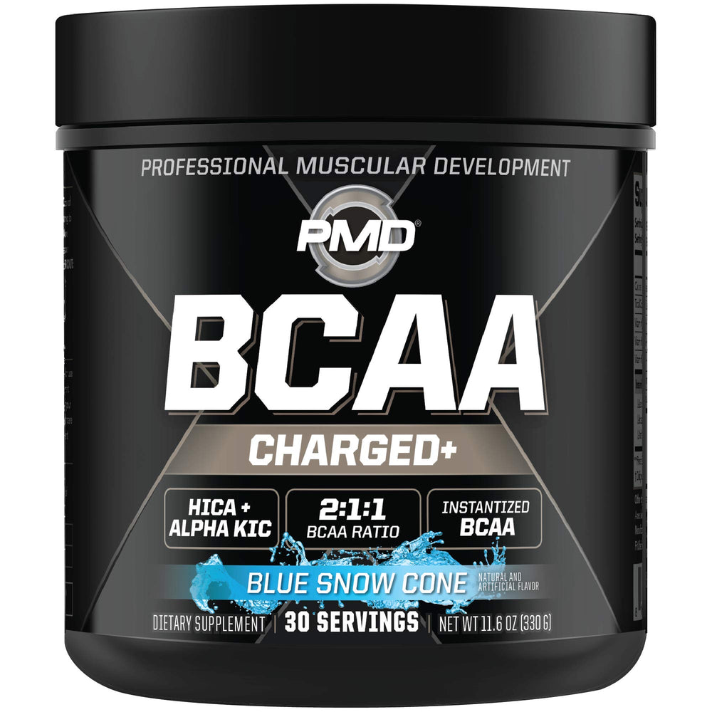 PMD BCAA Charged blue snow cone tub offers energizing support for workouts.