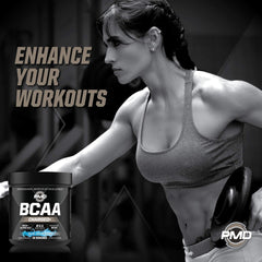 PMD BCAA Charged glass with drink illustrates refreshing hydration after training.