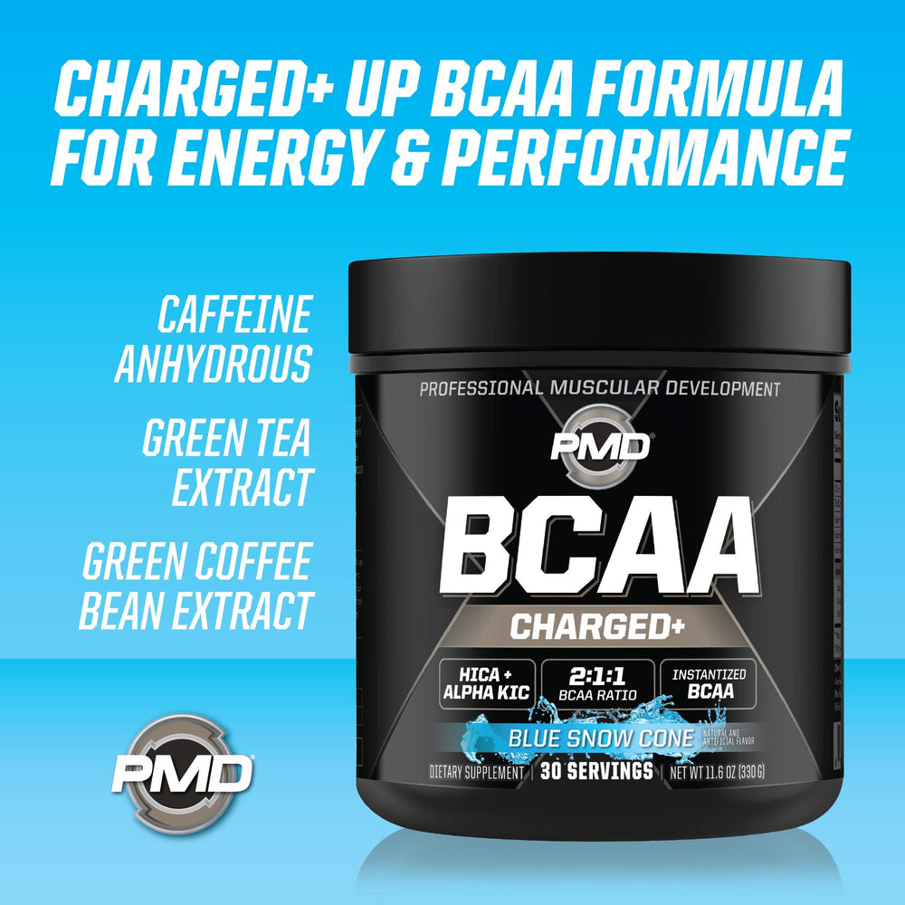PMD BCAA Charged ingredients closeup highlights HICA and Alpha-KIC components.