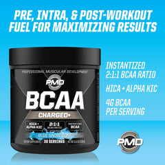 PMD BCAA Charged pre-intra-post workout use demonstrates versatile supplementation.