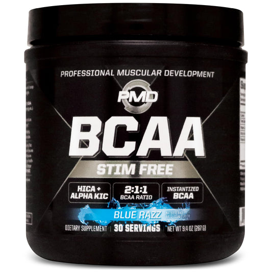 PMD BCAA Blue Raz powder in a jar showing flavor and mixability for workouts.