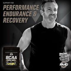 PMD BCAA Lemonade mixing glass demonstrates fast hydration during training