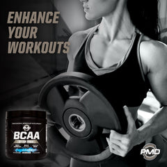 PMD BCAA stacked with pre-workout in a gym setting for enhanced performance.