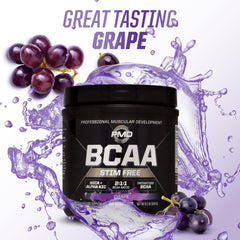 PMD BCAA Stim-Free grape with gym gear suggests daily training support.