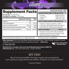 PMD BCAA Stim-Free grape scoop highlights fast solubility for intra-workout mixing.