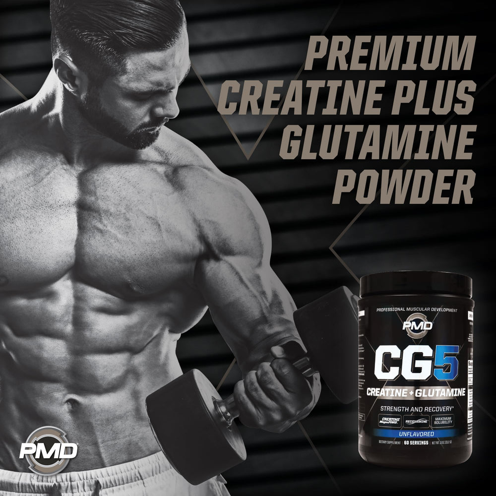 PMD CG5 five-form glutamine blend highlights recovery potential.
