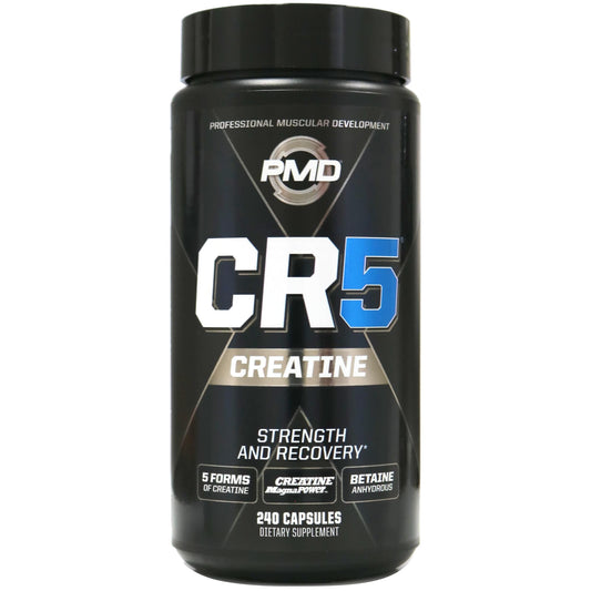 PMD CR5 bottle front showing the professional creatine complex for athletic recovery