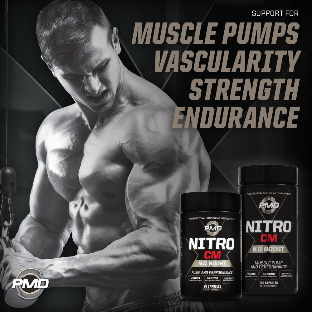 PMD Nitro CM label detail highlighting the nitric oxide precursor blend.