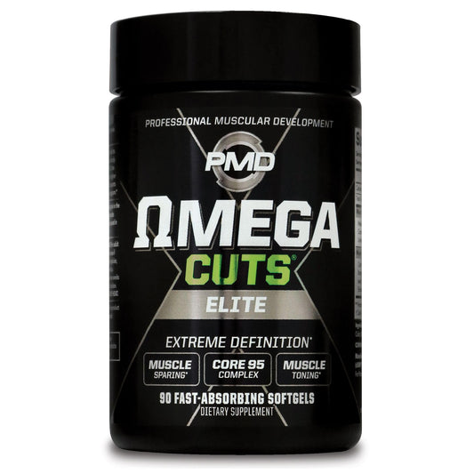 PMD Omega Cuts Elite bottle front showing stimulant-free fat loss option for focused goals