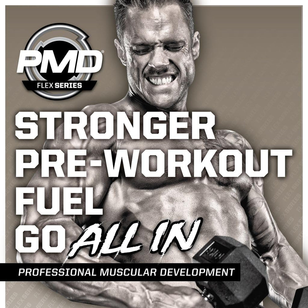 Colorful PMD Pump Fuel ALL IN flavor visual emphasizing a vibrant pre-workout beverage
