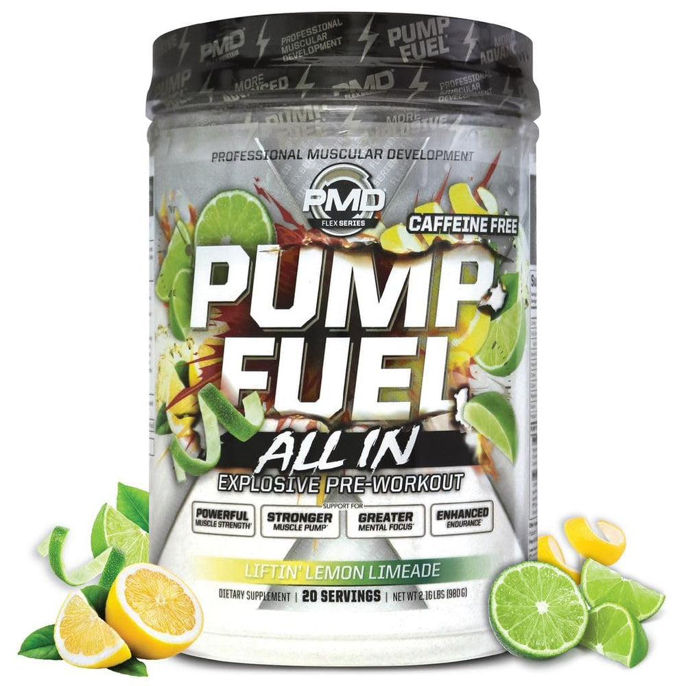 PMD Pump Fuel ALL IN tub front view highlighting a premium pre-workout for energy and focus