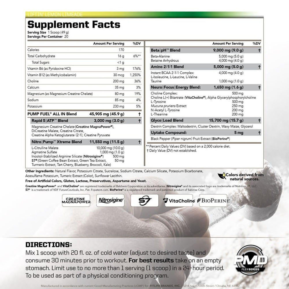 PMD Pump Fuel ALL IN tub nutrition panel showing ingredient amounts for transparency and trust