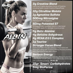 Close-up of PMD Pump Fuel ALL IN label highlighting transparent ingredient amounts.