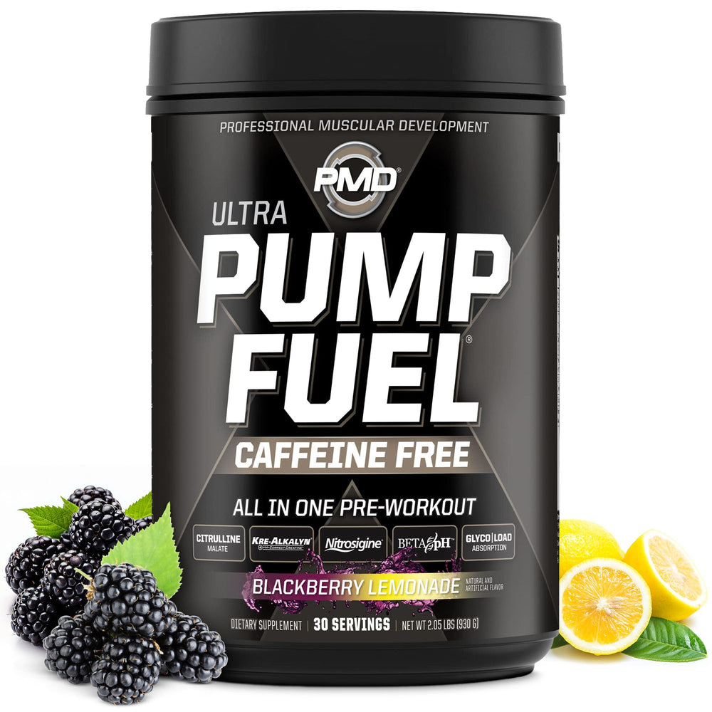 PMD Pump Fuel Ultra caffeine-free bottle label highlights premium pre-workout formula