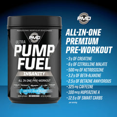 PMD Pump Fuel Ultra Insanity Arctic Blue Blast glass with prepared drink