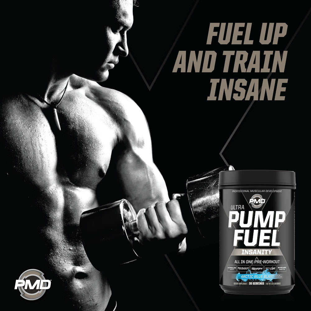 PMD Pump Fuel Ultra Insanity Arctic Blue Blast ingredient lineup close view