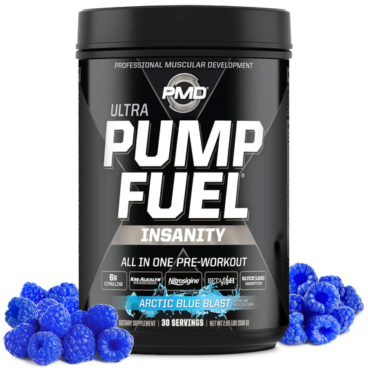 PMD Pump Fuel Ultra Insanity Arctic Blue Blast tub front view signaling energy for workouts