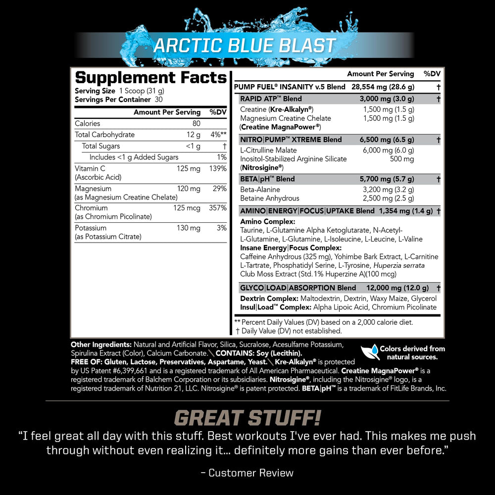 PMD Pump Fuel Ultra Insanity Arctic Blue Blast tub side view showing label clarity