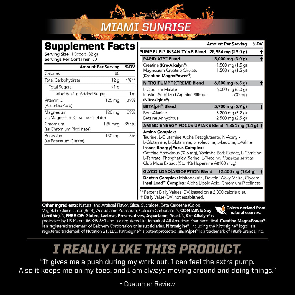 PMD Pump Fuel Ultra Insanity label close-up showing precise ingredient amounts.