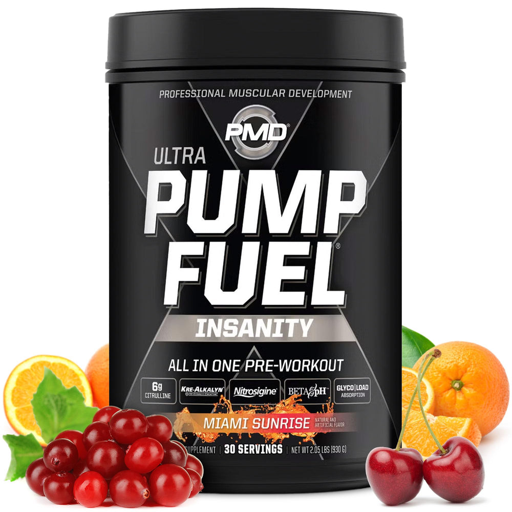 PMD Pump Fuel Ultra Insanity tub front highlighting premium pre-workout formula for energy.