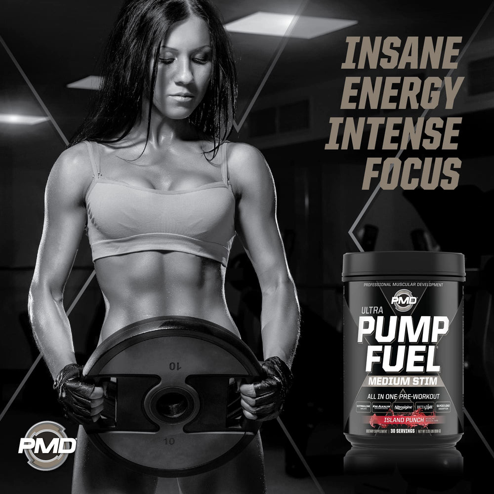 PMD Pump Fuel Ultra Island Punch shaker bottle ready for on-the-go energy during workouts.