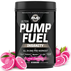 PMD Pump Fuel Ultra Pink Lemonade bottle front, energy-boosting flavor display.