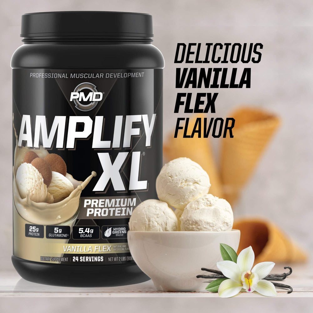 PMD Amplify XL packaging highlights glutamine and BCAA components for recovery support.