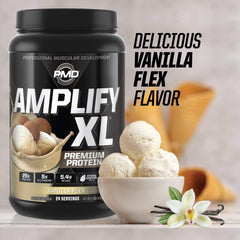 PMD Amplify XL packaging highlights glutamine and BCAA components for recovery support.