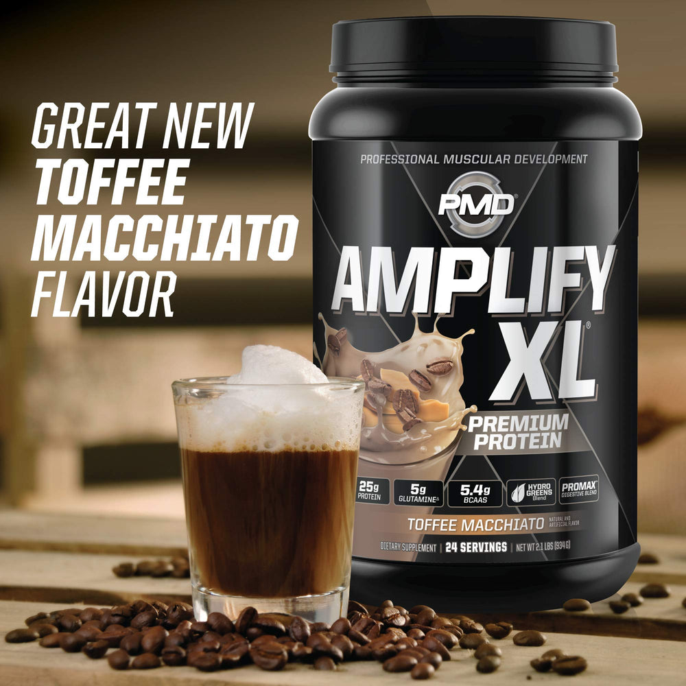 PMD Amplify XL ingredients close-up showing protein, BCAAs, and enzymes.